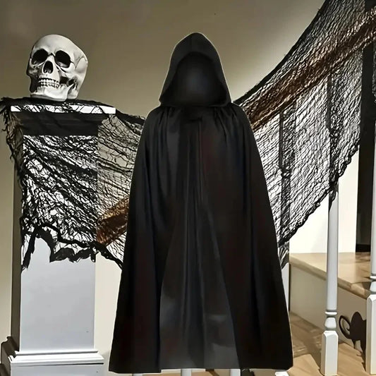 Hooded black cloak, hood up