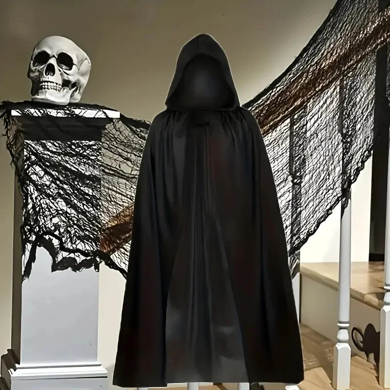 Hooded black cloak, hood up