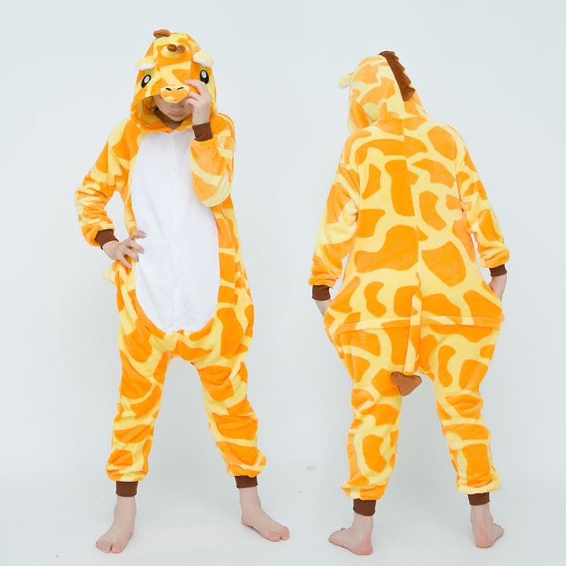 Yellow giraffe hooded fleece onesie costume with horns