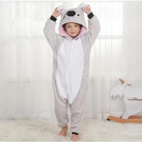 Grey koala hooded fleece onesie costume with round ears