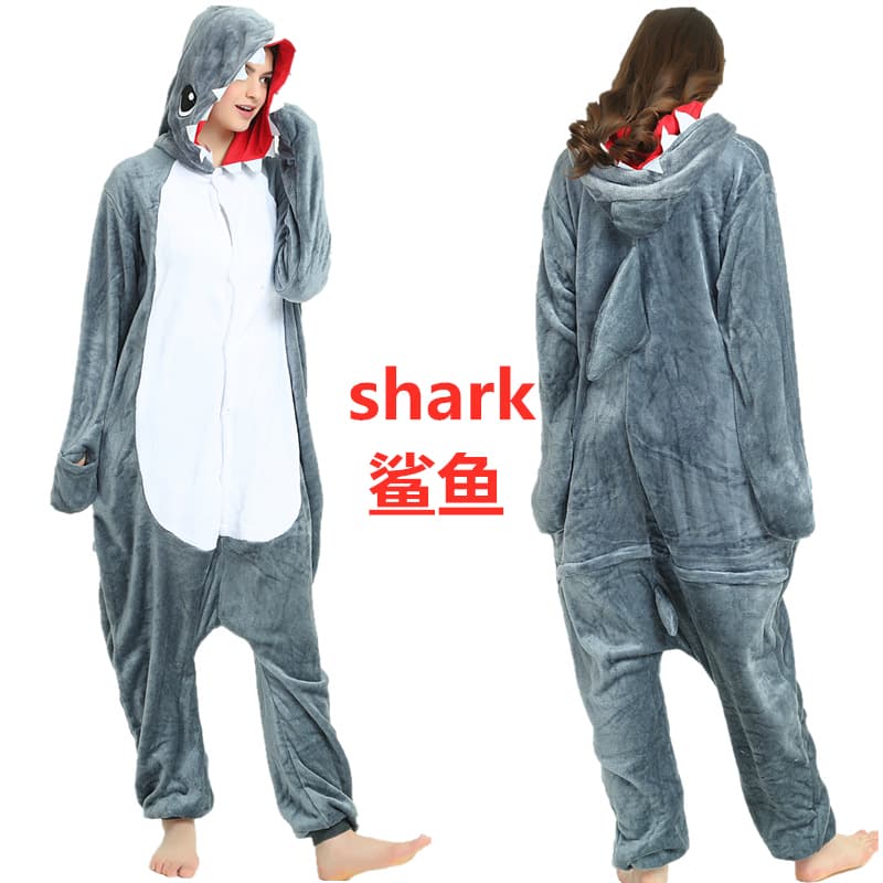 Grey shark hooded fleece onesie costume with fin