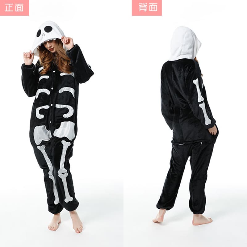 Black skeleton hooded fleece onesie costume with skull hood