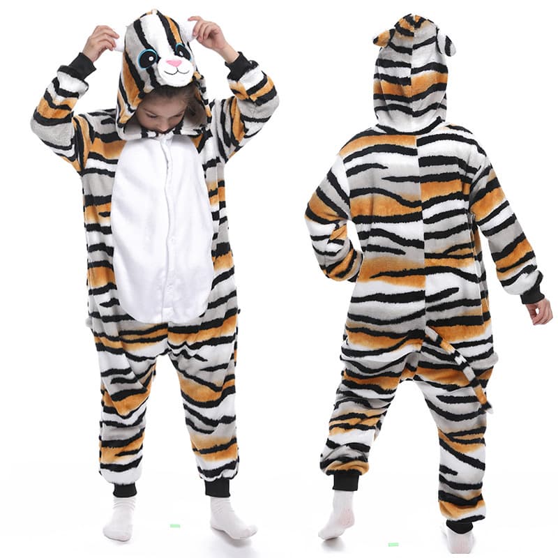 Amber and black striped tiger hooded fleece onesie costume