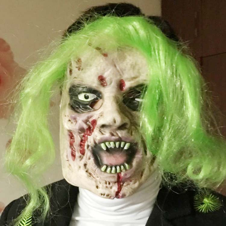 Green-haired rotting zombie latex mask
