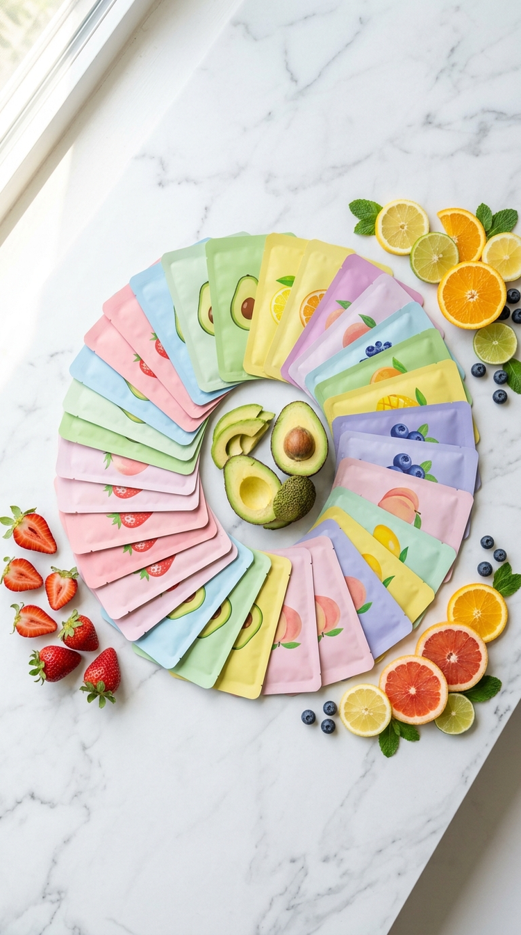 Korean fruit sheet masks with fresh fruit on marble