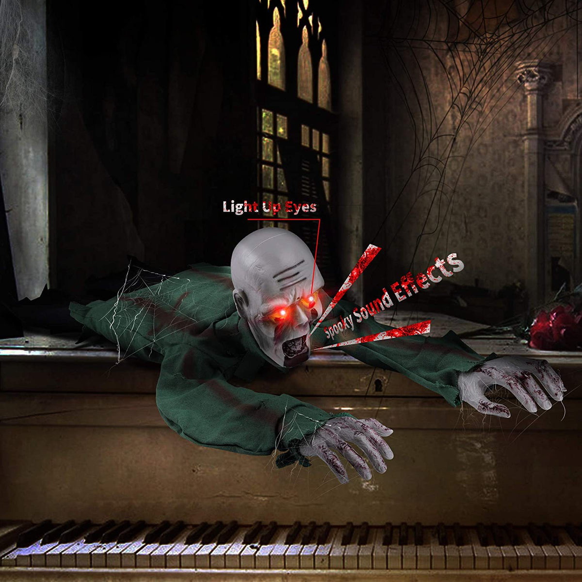 Crawling Zombie Prop with Sound and Light-Up Eyes, 43 in