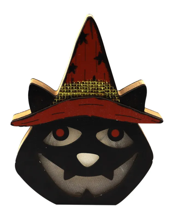 Wooden Black Cat Witch Lamp