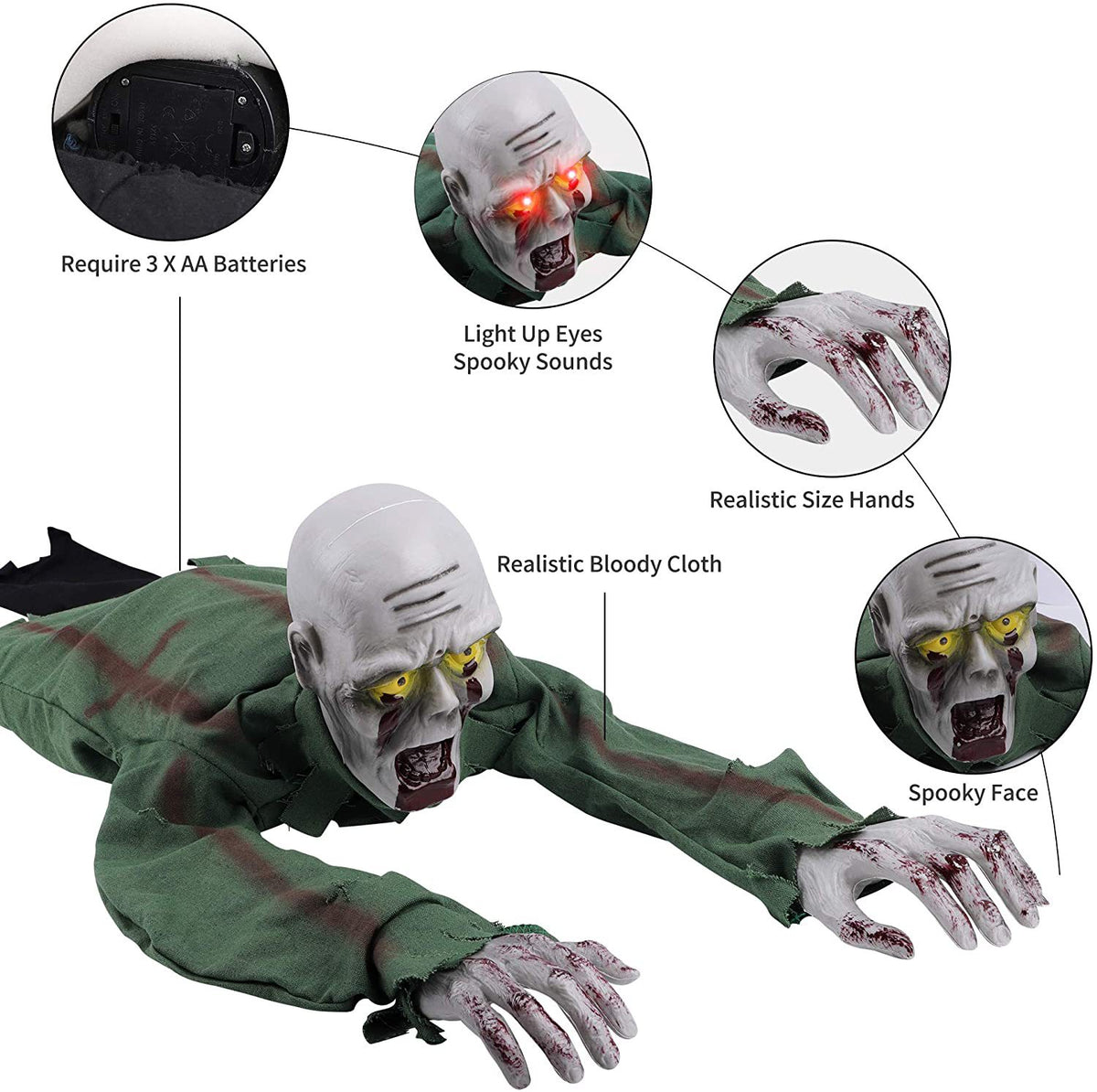 Crawling Zombie Prop with Sound and Light-Up Eyes, 43 in