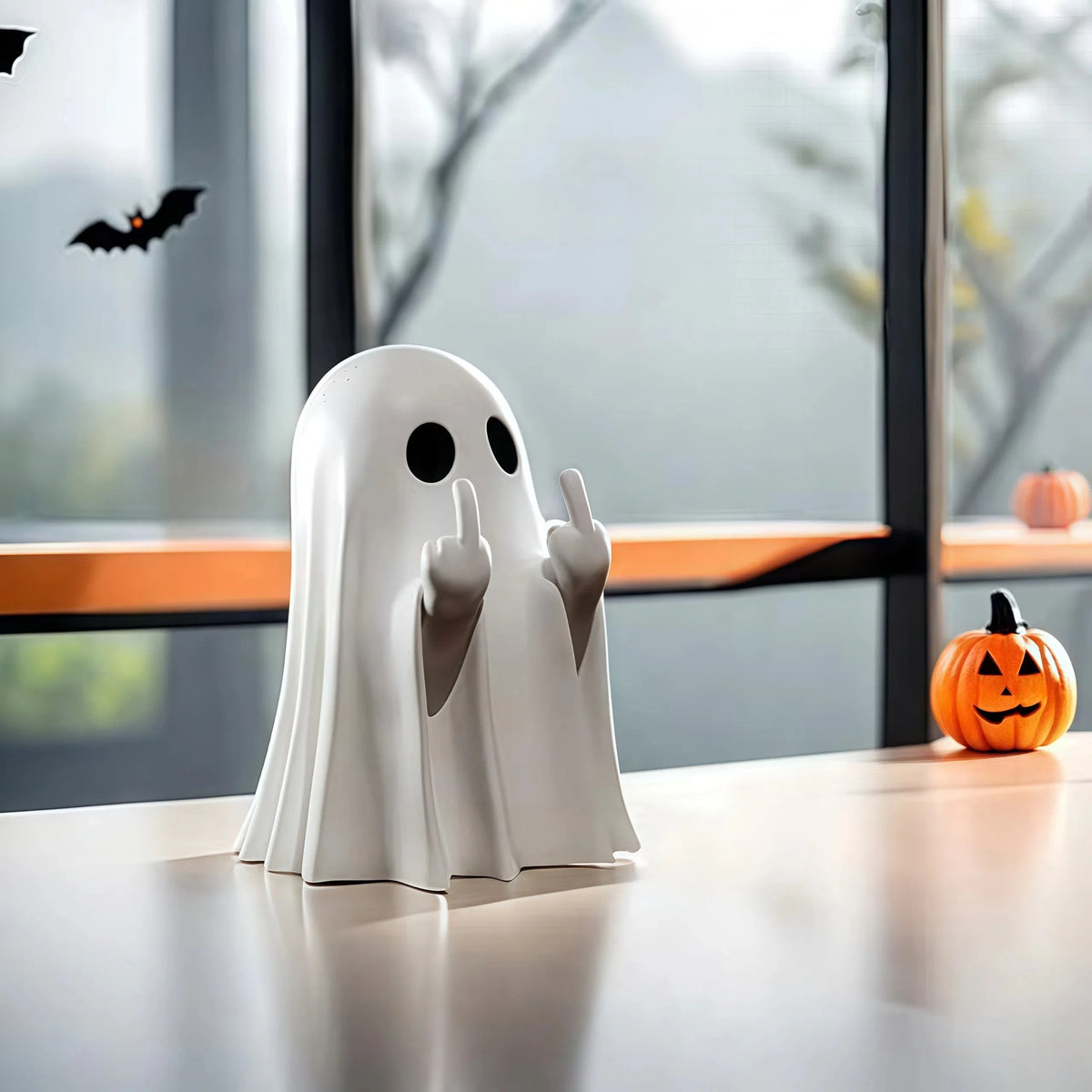White ghost figurine giving the middle finger on a shelf