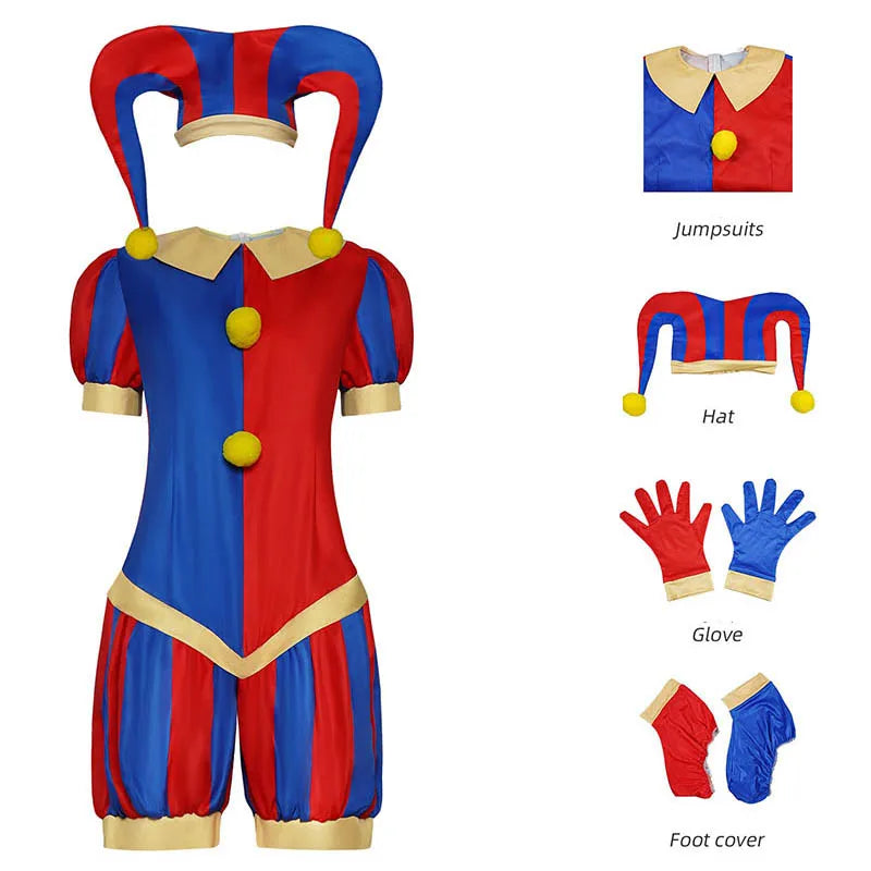 Red and blue circus jester cosplay costume with hat and gloves