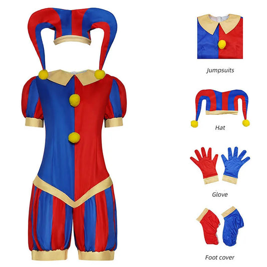 Red and blue circus jester cosplay costume with hat and gloves