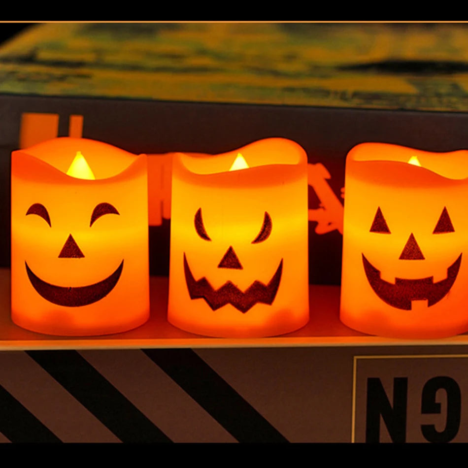 Three pumpkin lanterns lit together