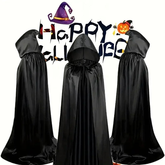 Hooded black cloak worn full length
