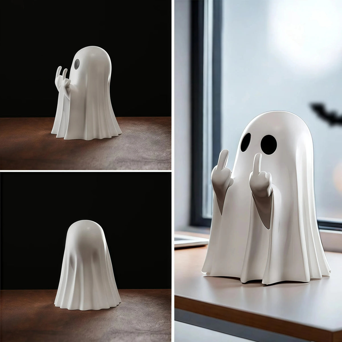 Ghost figurine styled with Halloween decor