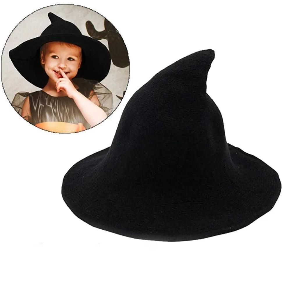 Vintage black wool witch hat with a wide brim