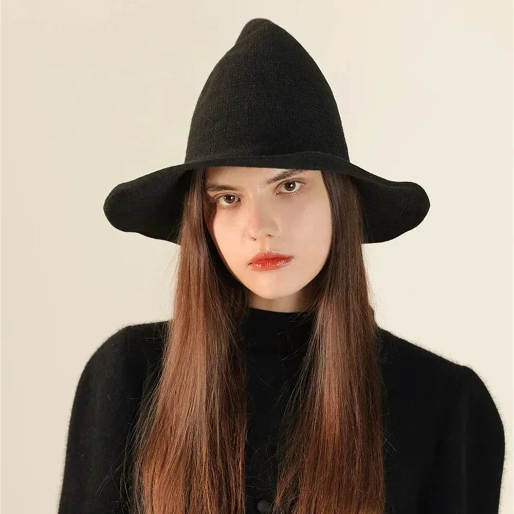 Witch hat worn, side view