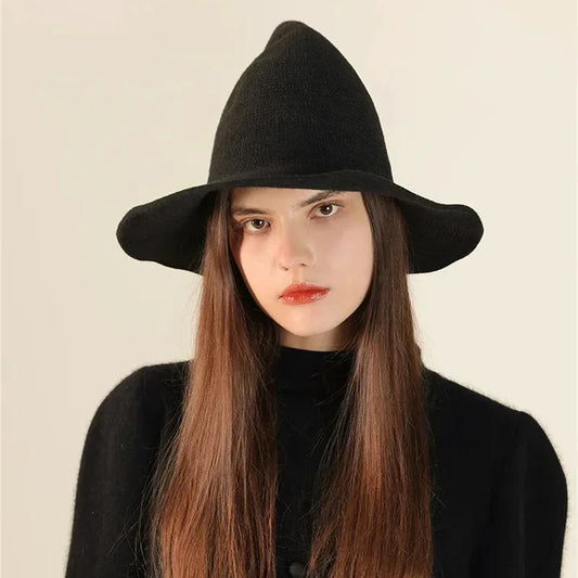 Witch hat worn, side view