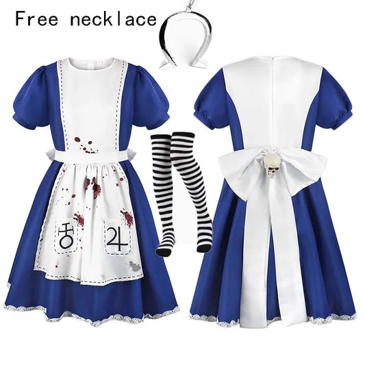 Blue Alice cosplay dress with white apron and striped stockings