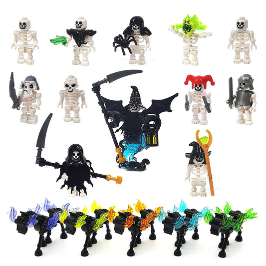 Skeleton mini figure building blocks lined up