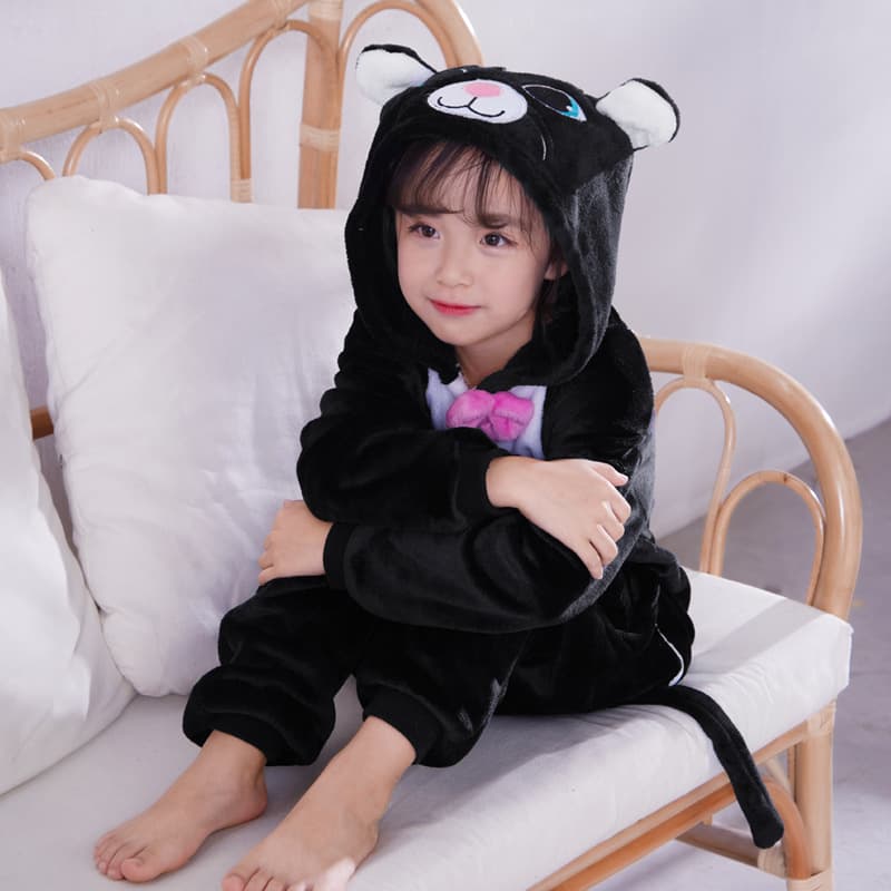 Black cat hooded fleece onesie costume with ears and tail