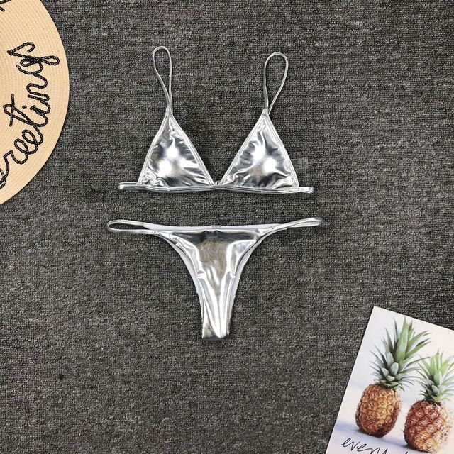 Ladies' Glam Sequin Thong Bikini - Silver/Gold