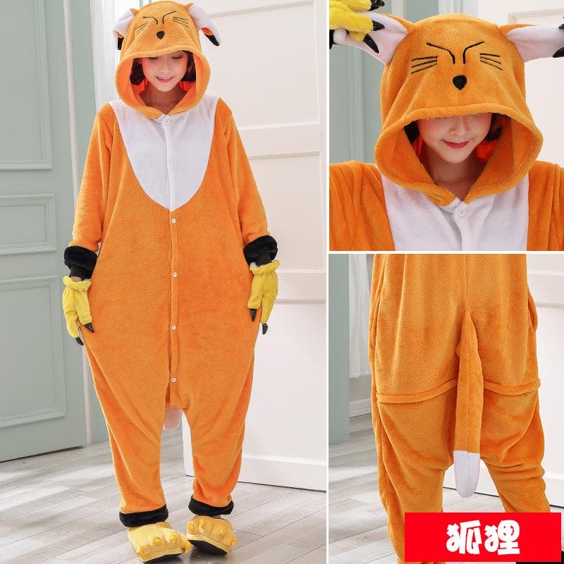 Orange fox hooded fleece onesie costume with brush tail