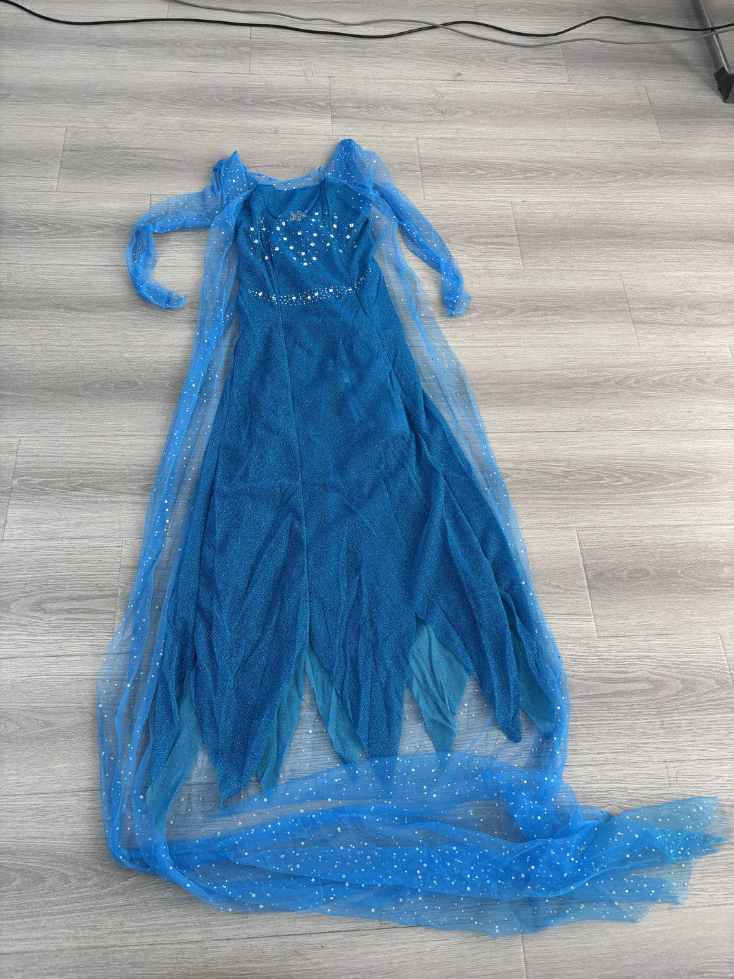 Blue floor-length sparkle gown costume with long glitter mesh train