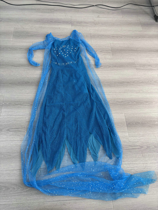 Blue floor-length sparkle gown costume with long glitter mesh train