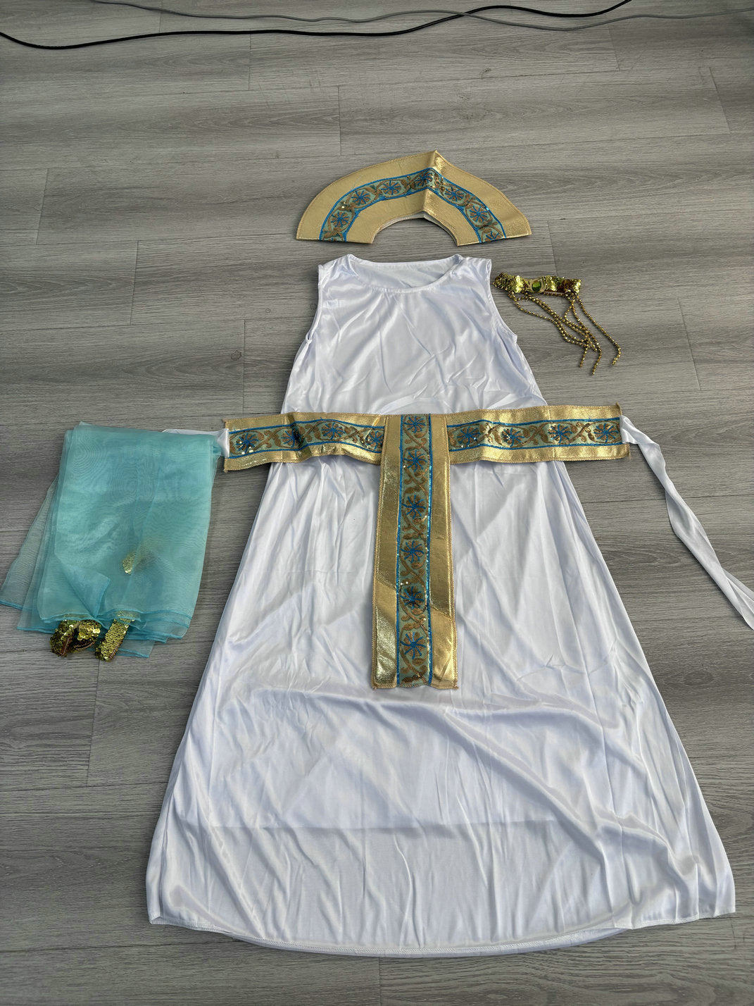 Nile Queen Egyptian costume: white gown, gold collar headpiece, belt, arm cuffs and turquoise drape