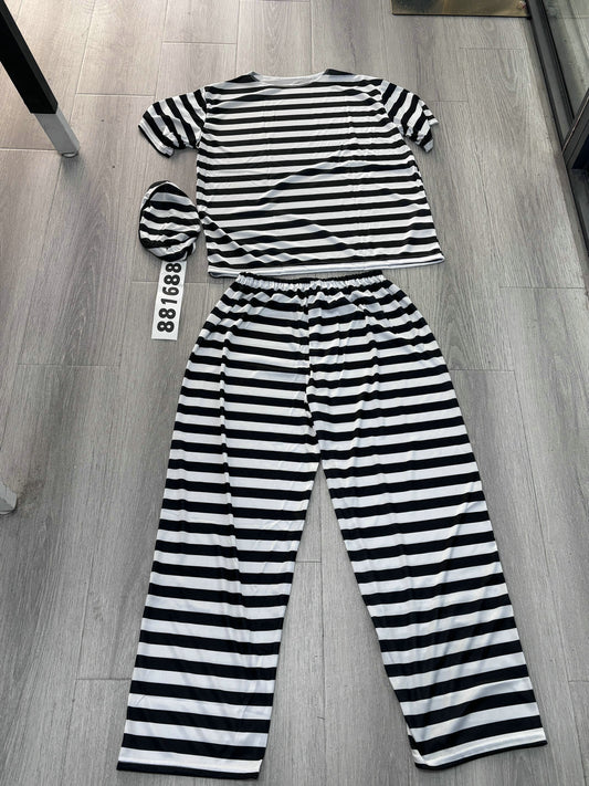 Men's black and white striped prisoner costume with cap and number tag