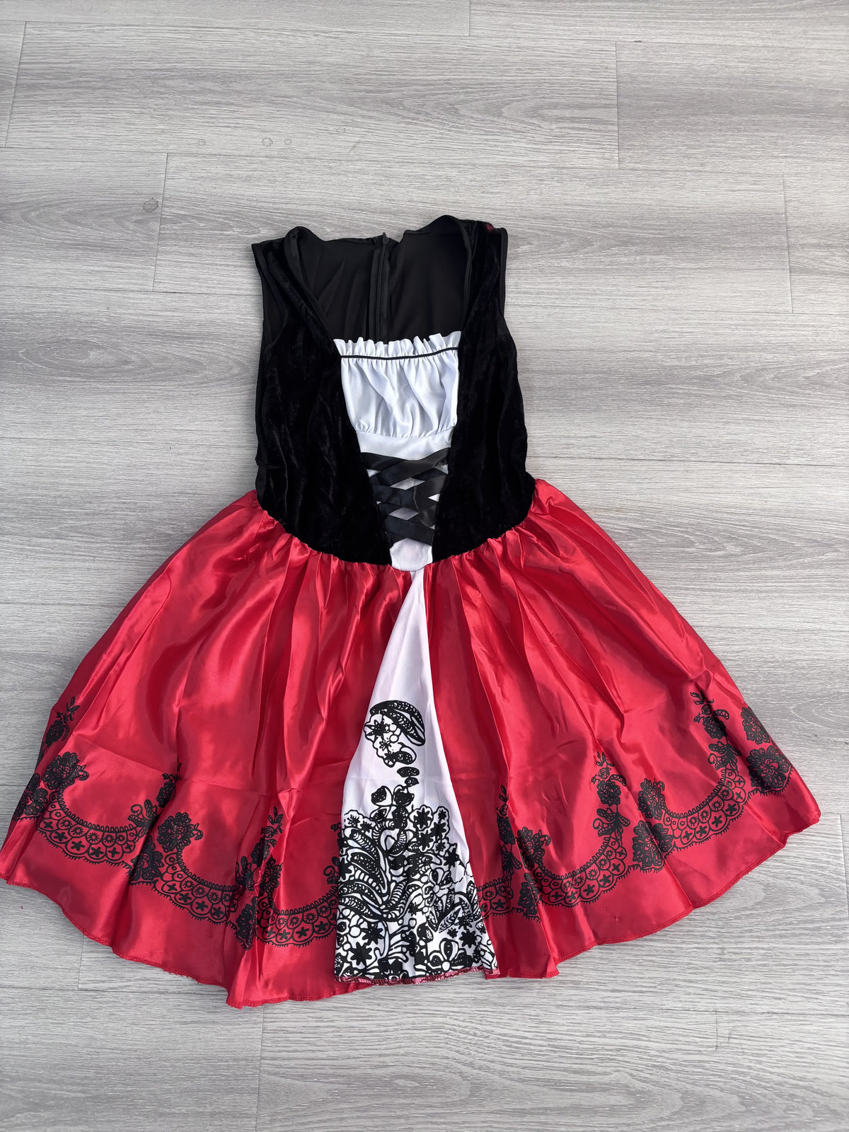 Red Riding Hood costume dress with black velvet laced bodice and red printed satin skirt