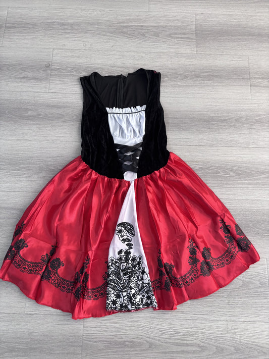 Red Riding Hood costume dress with black velvet laced bodice and red printed satin skirt