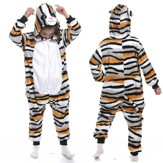 Amber and black striped tiger hooded fleece onesie costume