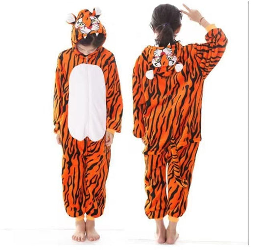 Orange tiger hooded fleece onesie costume
