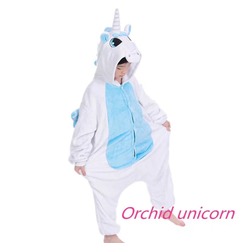 White and blue unicorn hooded fleece onesie costume with horn