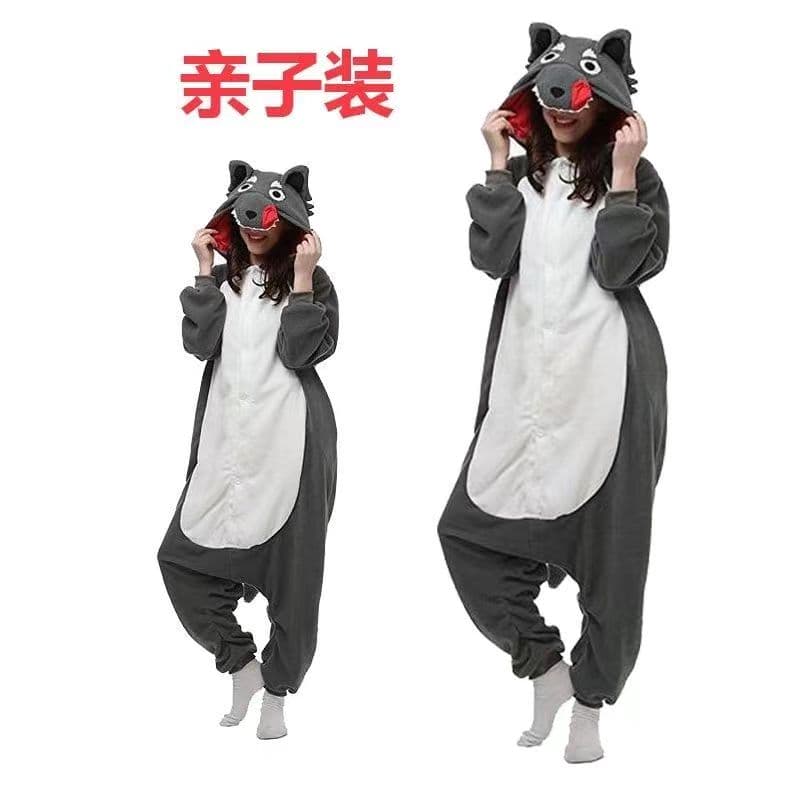 Grey wolf hooded fleece onesie costume, adult and child