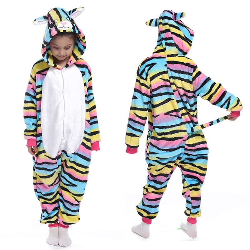 Rainbow striped zebra hooded fleece onesie costume