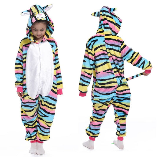 Rainbow striped zebra hooded fleece onesie costume